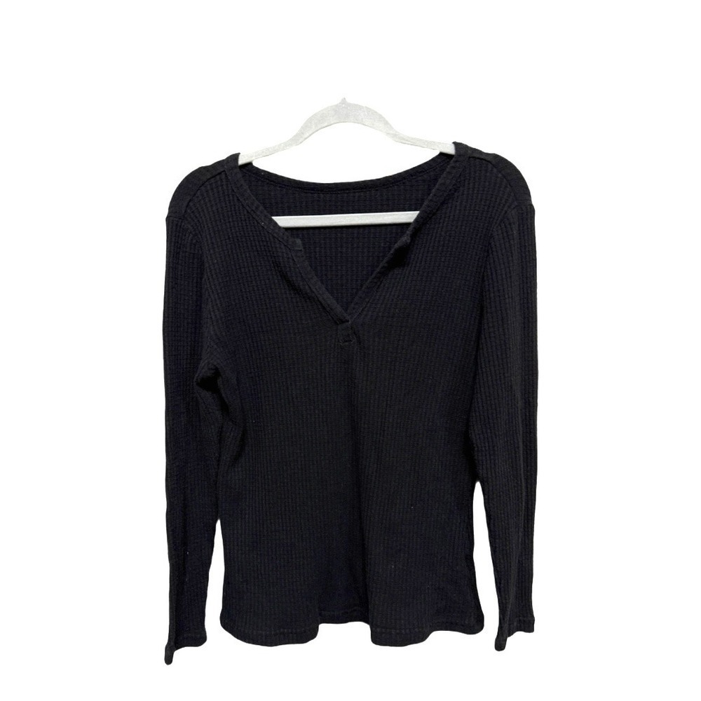 Black VNeck Waffle Knit Henley Style Long Sleeve Size Medium Basics Layering
